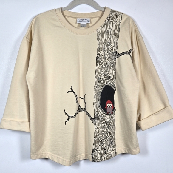 Catalog Favorites Tops - Catalog Favorites Owl Birch Cream 3/4 Sleeve Crew Neck Sweatshirt Top Size Large